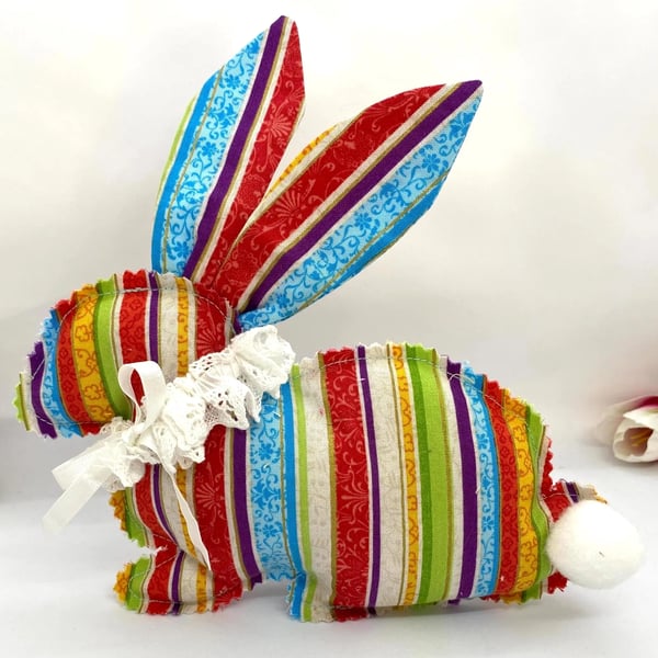 Handmade Easter Bunny Decoration Set – Striped Rabbit & Spring Ornaments (4 Piec