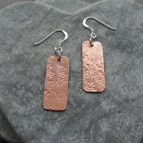 Copper and Sterling Silver Dangle Earrings With Stamped Dandelion Detail