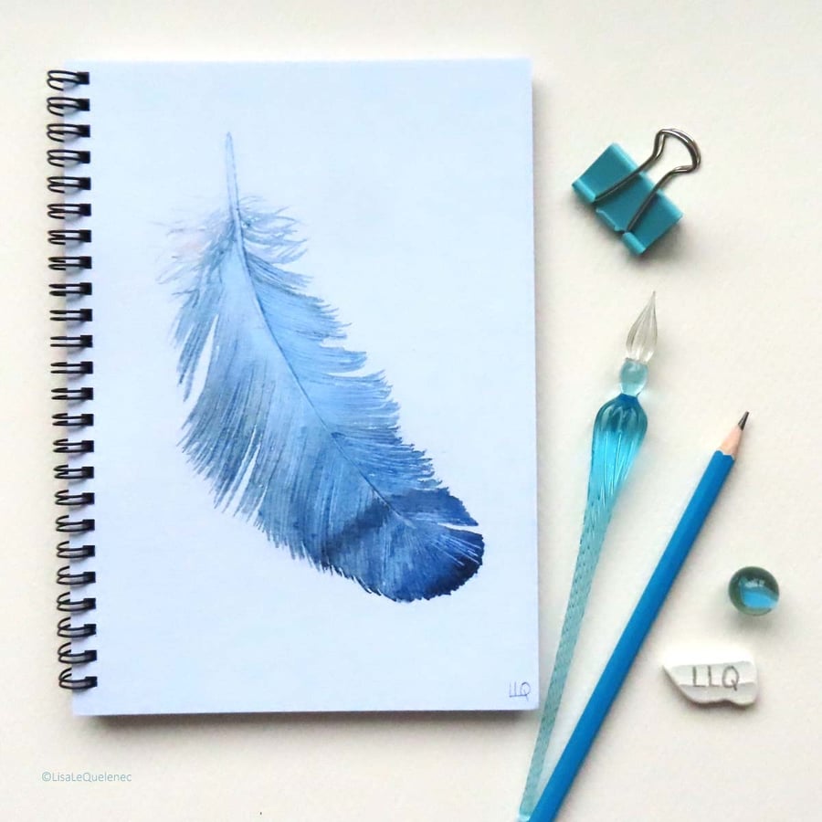 Blue feather spiral bound A5 notebook jotter lined project book