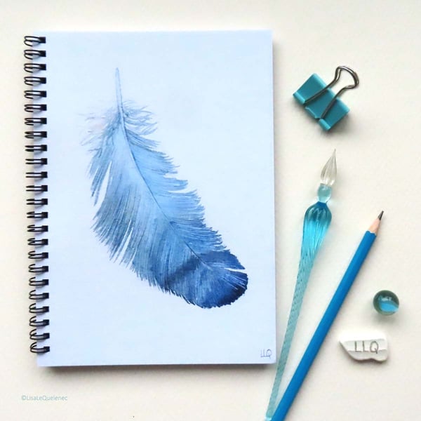 Blue feather spiral bound A5 notebook jotter lined project book