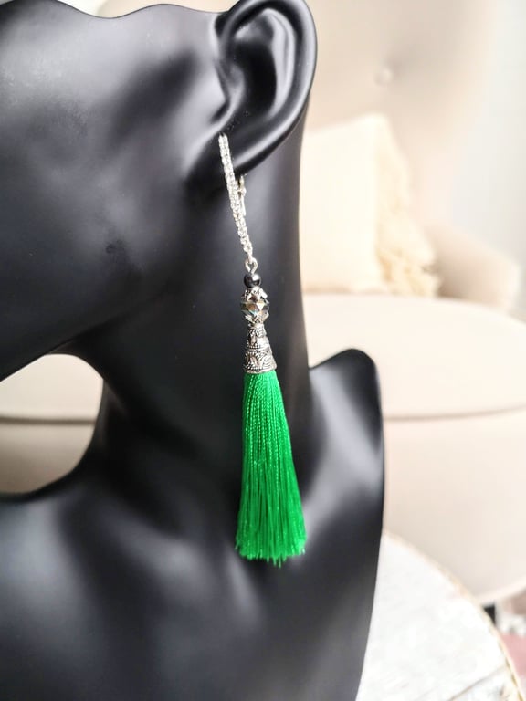 Green Tassel Earrings Rhinestone Handmade Jewellery 