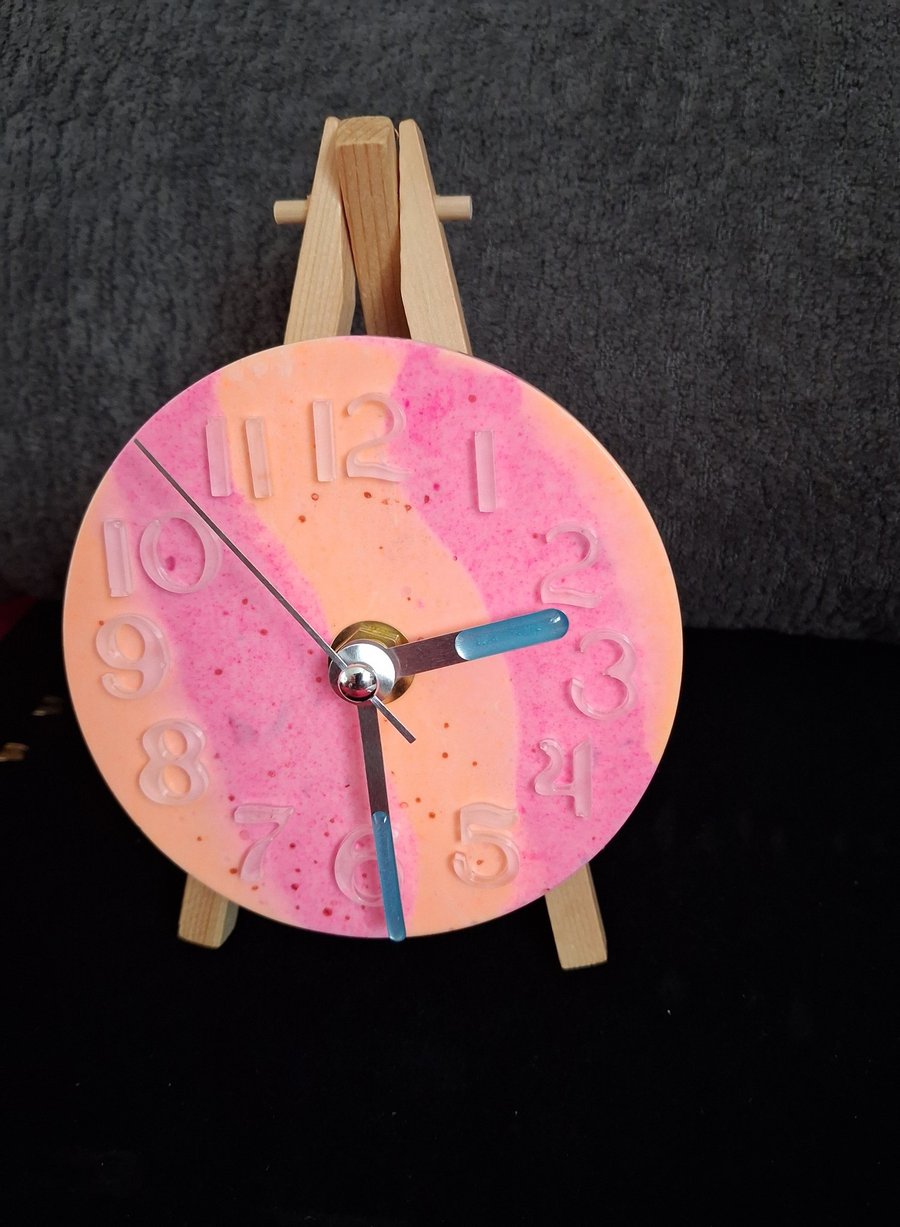 Handmade epoxy resin desk or mantel clock, wooden easel stand Battery operated.