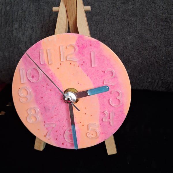 Handmade epoxy resin desk or mantel clock, wooden easel stand Battery operated.