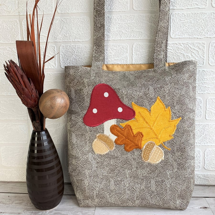 SOLD - Autumn woodland tote bag with toadstool, acorns and leaves