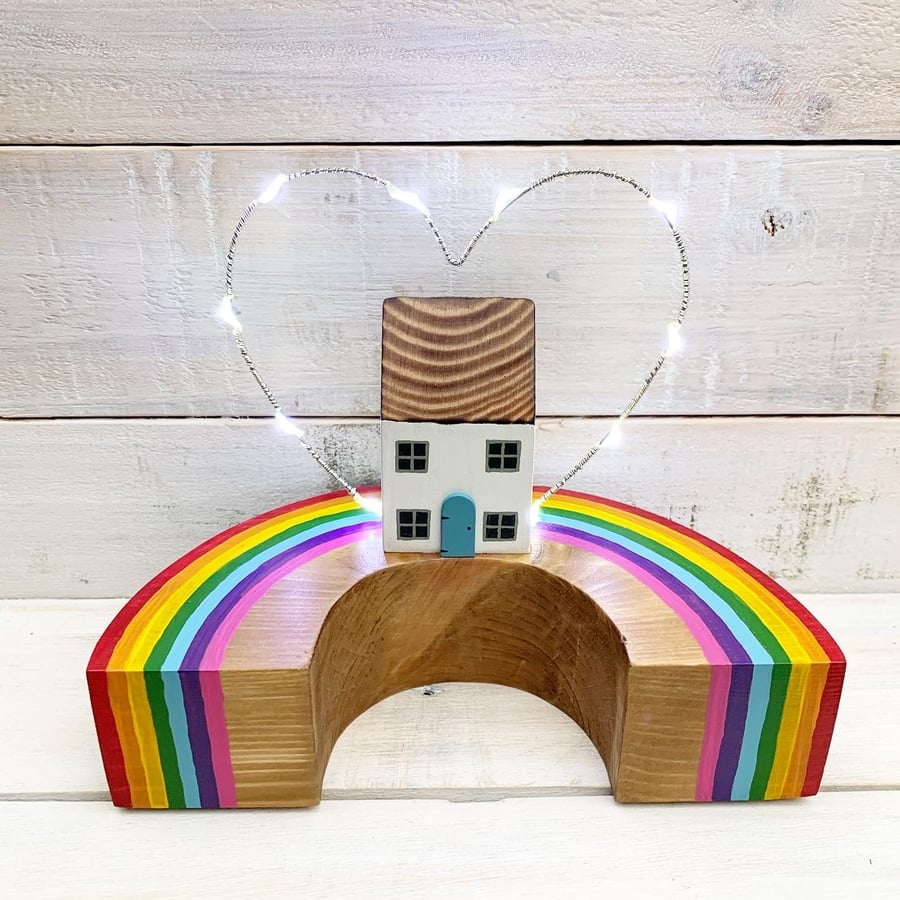 Handmade Wooden Rainbow House with Fairy Lights Gift