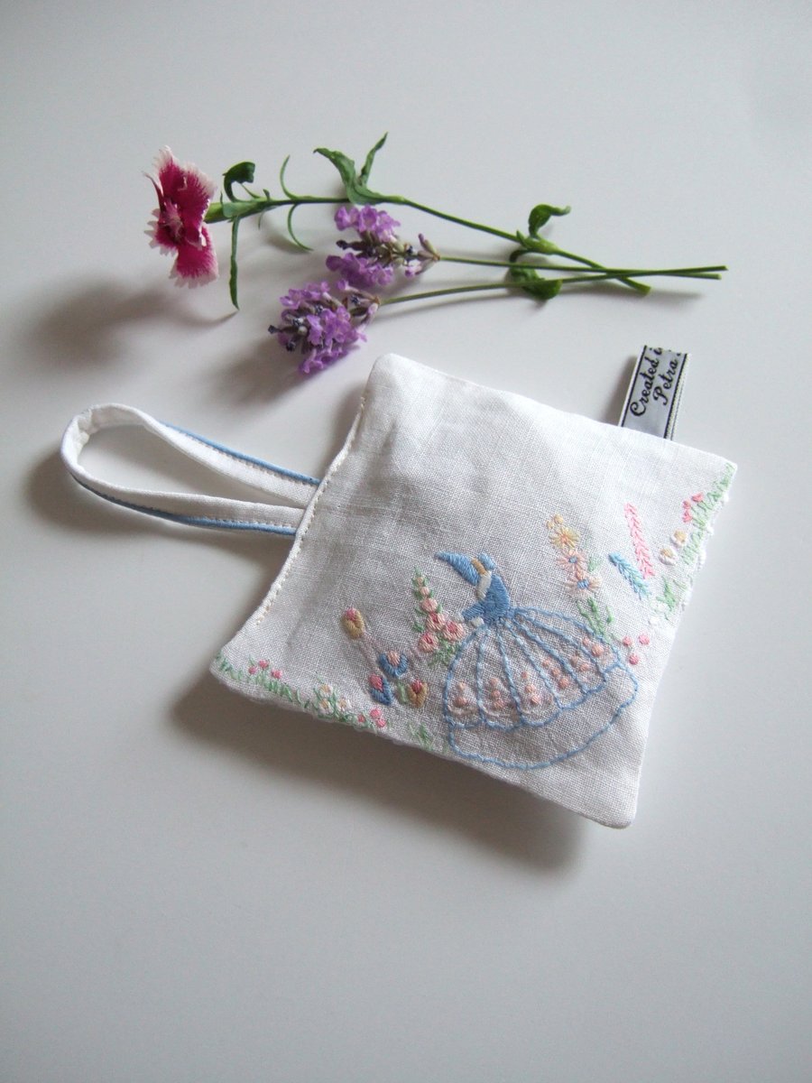 Embroidered crinoline lady and cottage garden Yorkshire lavender bag  