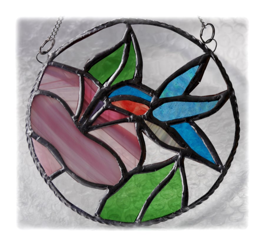 Hummingbird Flower Ring Stained Glass Suncatcher Handmade 005