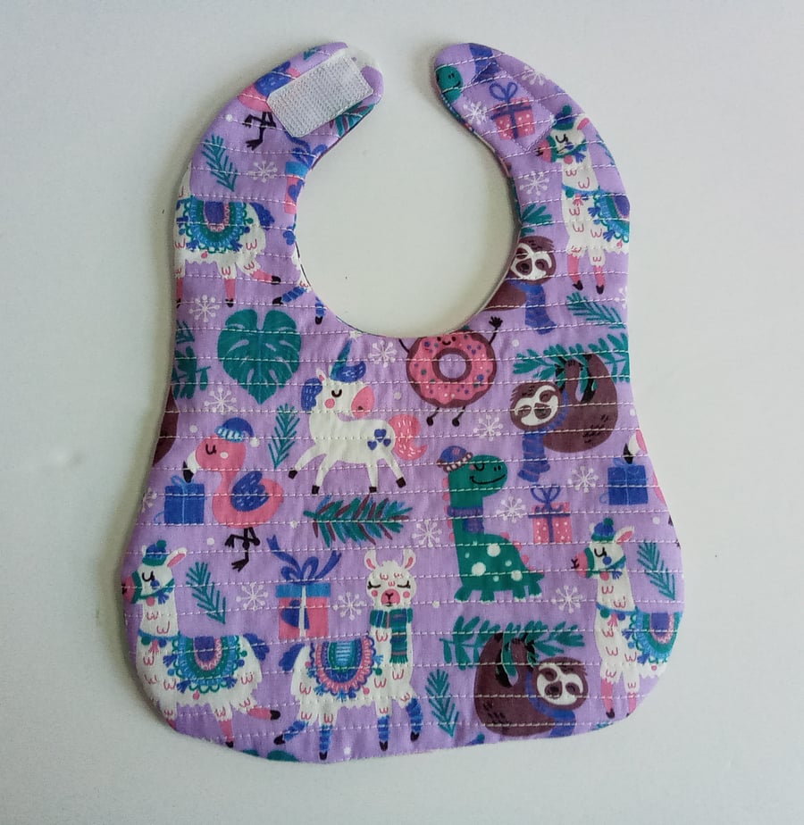 Christmas bib, quilted, reversible bib, newborn baby, Xmas bib, llama, unicorn 