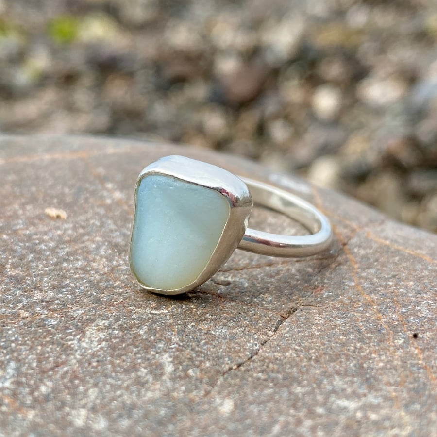 White Milk Sea Glass and Sterling Silver Ring - Size Q - 1329