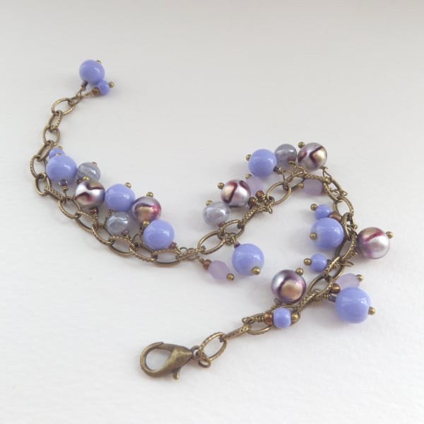 Antique Bronze Beaded Charm bracelet, Lilac Purple