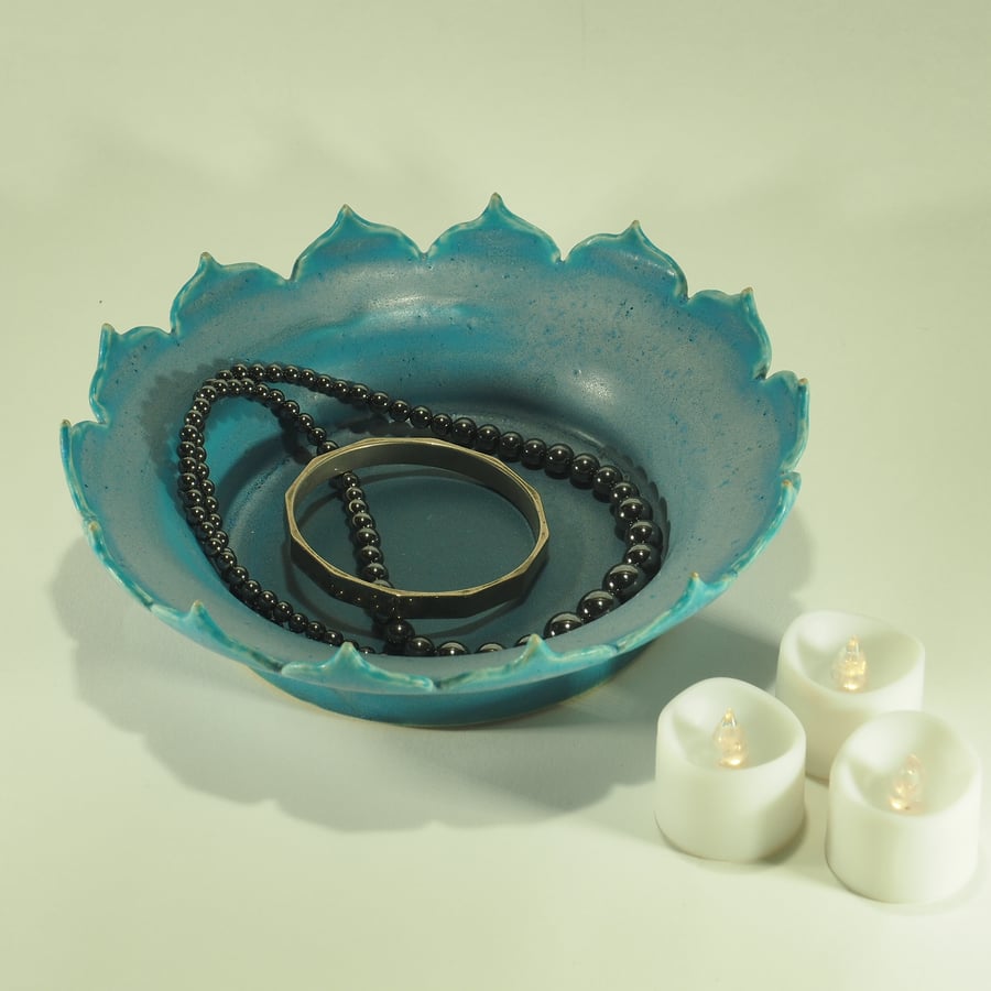 Ceramic handmade turquoise dish with a scalloped carved rim