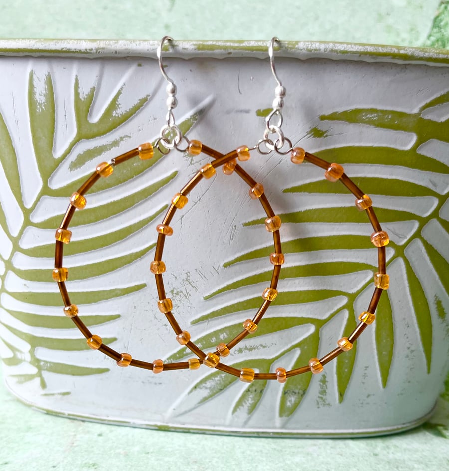 Large Amber & Brown Seed Bead Hoop Earrings - Silver