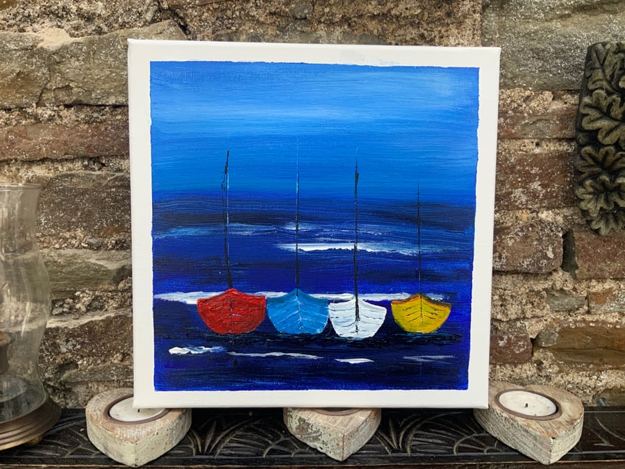 Painting. Acrylic. Four Boats. 10” by 10” box canvas. Coastal. Seaside Art. 