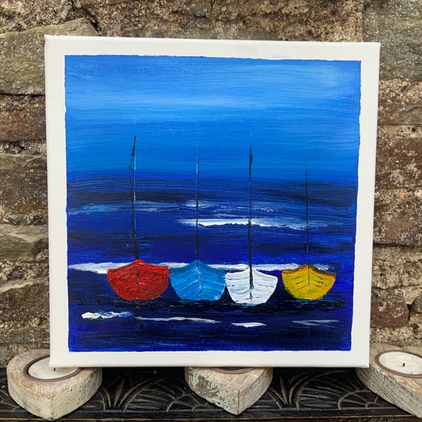 Painting. Acrylic. Four Boats. 10” by 10” box canvas. Coastal. Seaside Art. 