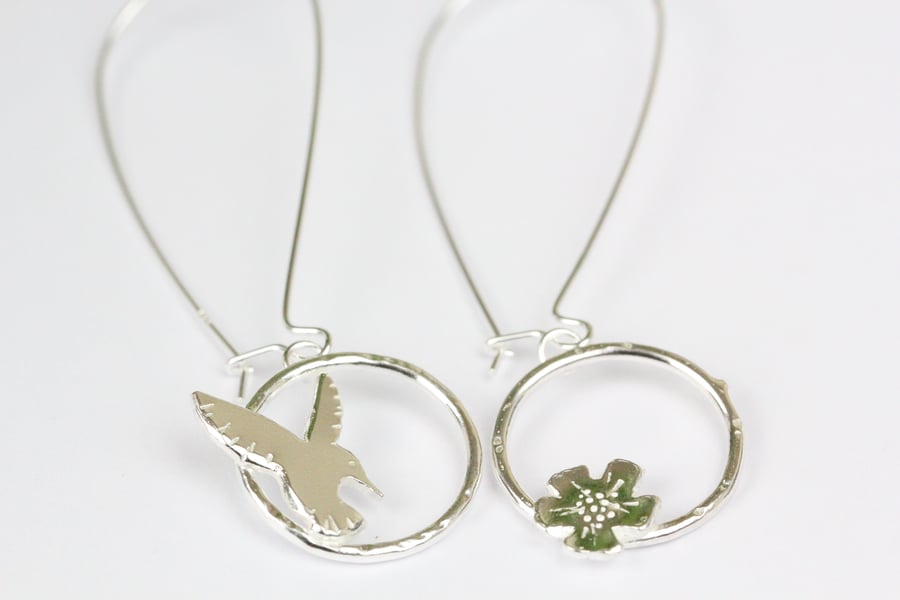 Humming bird and flower long hoop sterling silver earrings