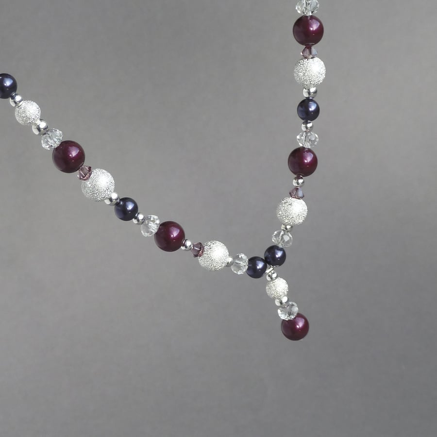 Plum Stardust Y Necklace - Purple Pearl Wedding Jewellery - Bridesmaid Gifts