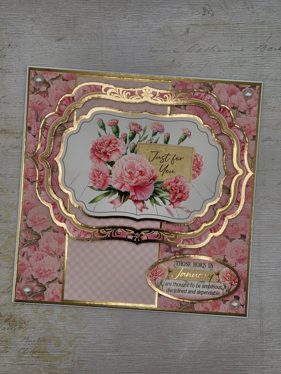 Handmade January Birthday Card Pink Carnation Birthday Card Floral Birthday Card