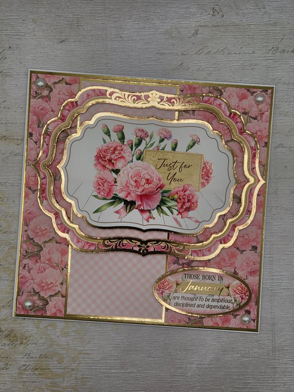 Handmade January Birthday Card Pink Carnation Birthday Card Floral Birthday Card