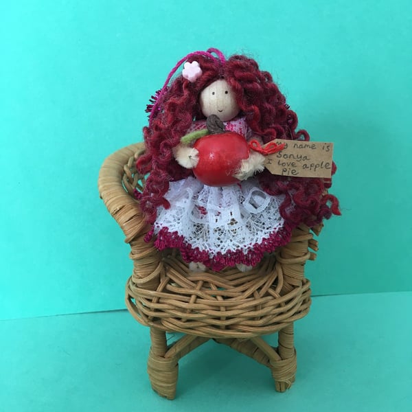 Tiny Wooden Pink Apple Fairy Doll Decoration, Autumn Decor