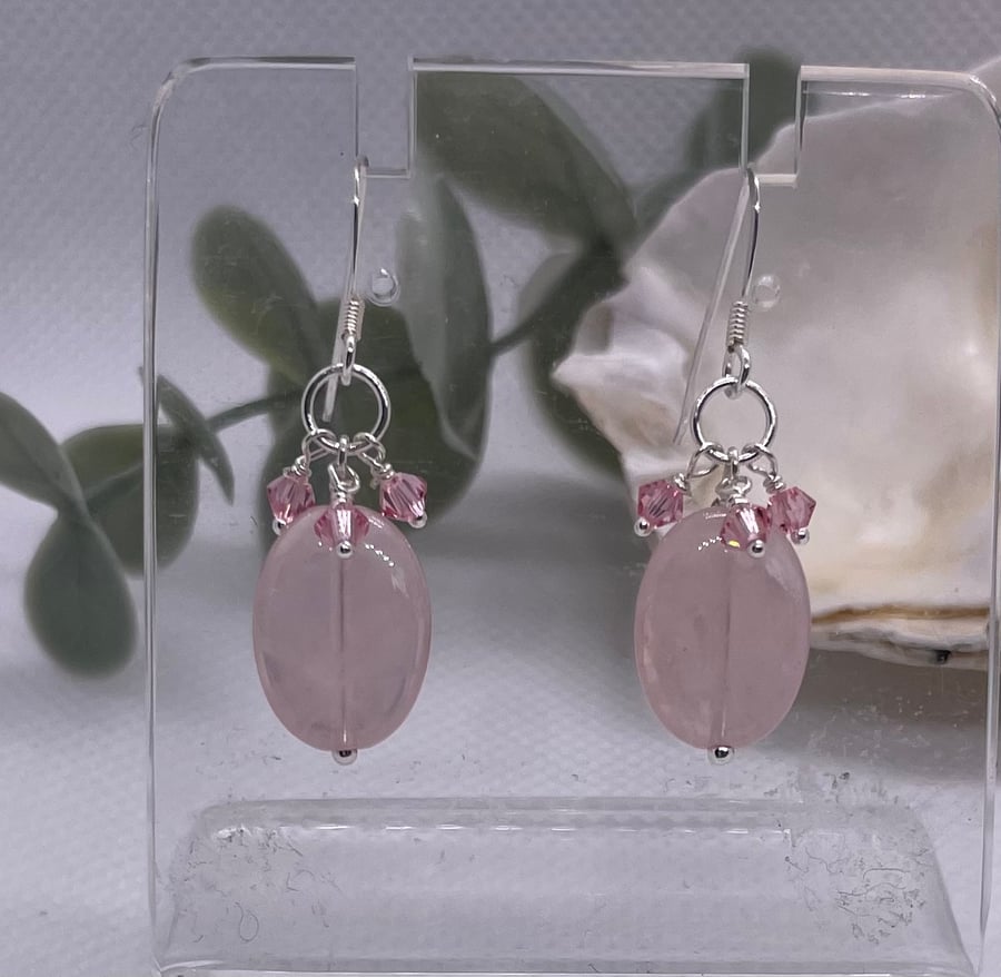 Rose quartz and sterling silver cluster earrings