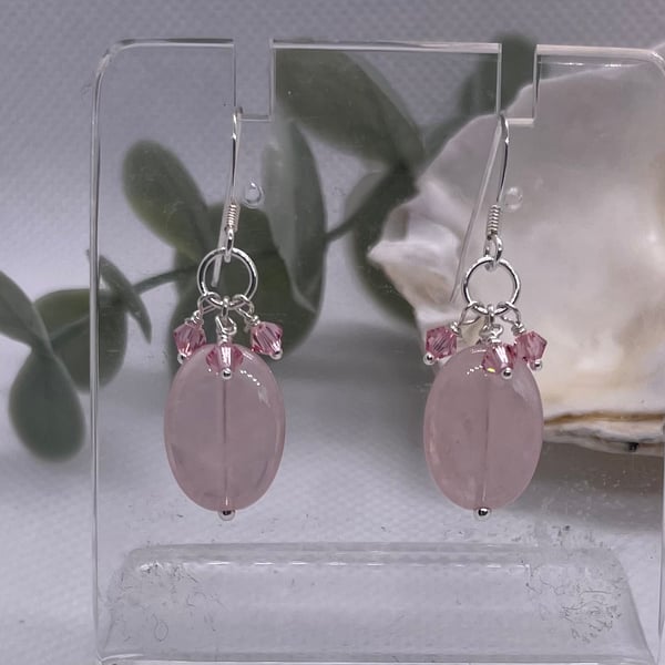 Rose quartz and sterling silver cluster earrings