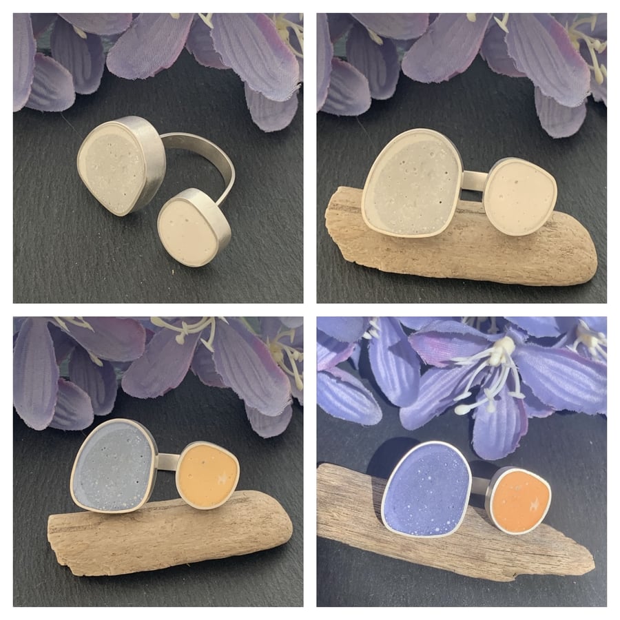 Colour Changing Jesmonite and Sterling Silver Pebble Ring 