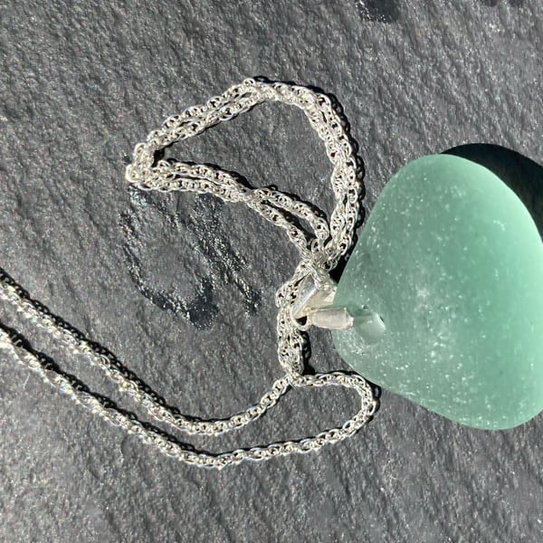 Sterling silver chain and blue-green seaglass pendant