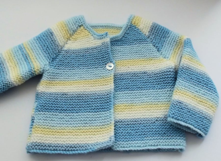 Babies Handknitted Jacket Cardigan, Blue, Lemon and White, 0 to 3 months, hm145