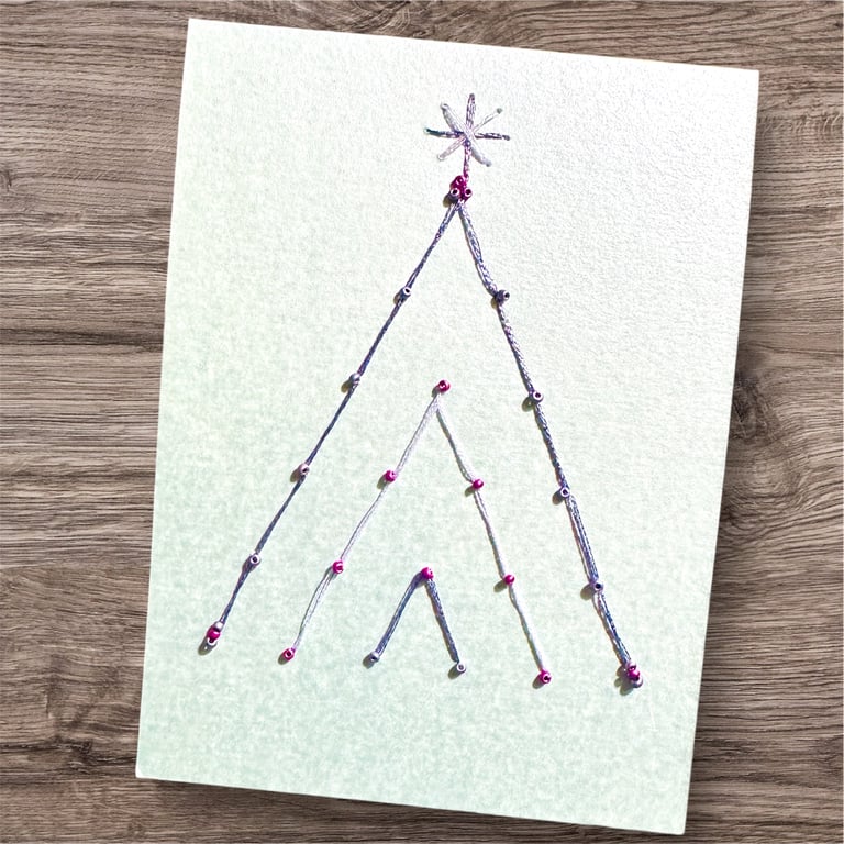 Hand Embroidered Christmas card, silver with an abstract tree of beads glitter 