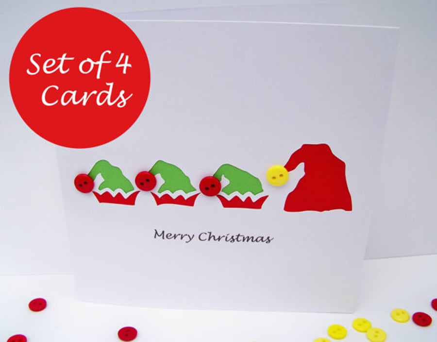 Set of 4 Christmas Cards - Christmas Card Pack- Paper Cut Santa & Elf Hats