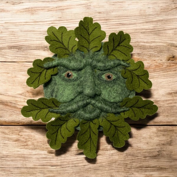 Green man woollen sculpture wall hanging with moss green oak leaves