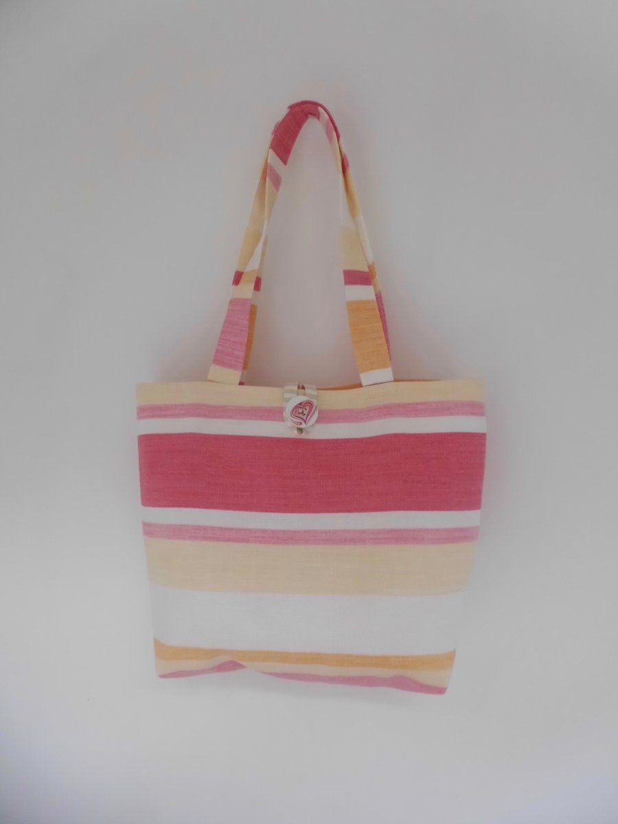 SOLD Tote bag in pink and cream stripes long handles
