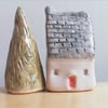 Private order for C Miniature ceramic house & tree plus 2 charity Ukraine birds 