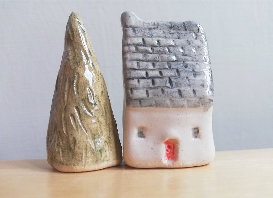Private order for C Miniature ceramic house & tree plus 2 charity Ukraine birds 