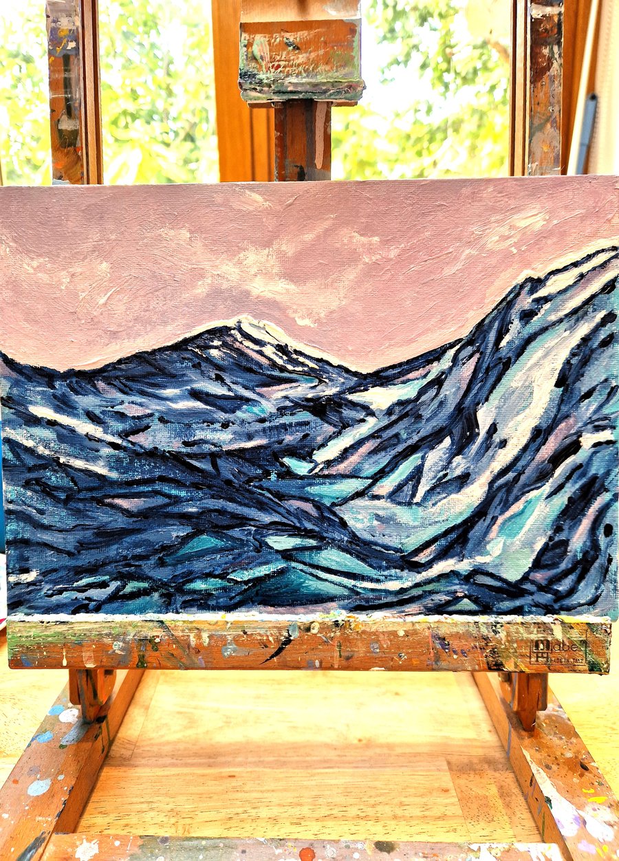 Original Abstract Blue Mountains Painting, Acrylics on  Canvas, A4 size
