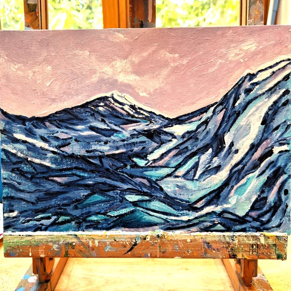 Original Abstract Blue Mountains Painting, Acrylics on  Canvas, A4 size