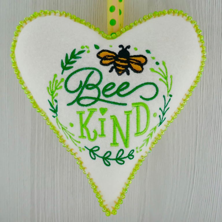 Bee Kind: Embroidered Felt Heart Decoration 16cm