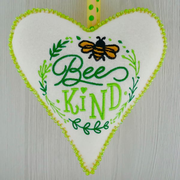 Bee Kind: Embroidered Felt Heart Decoration 16cm