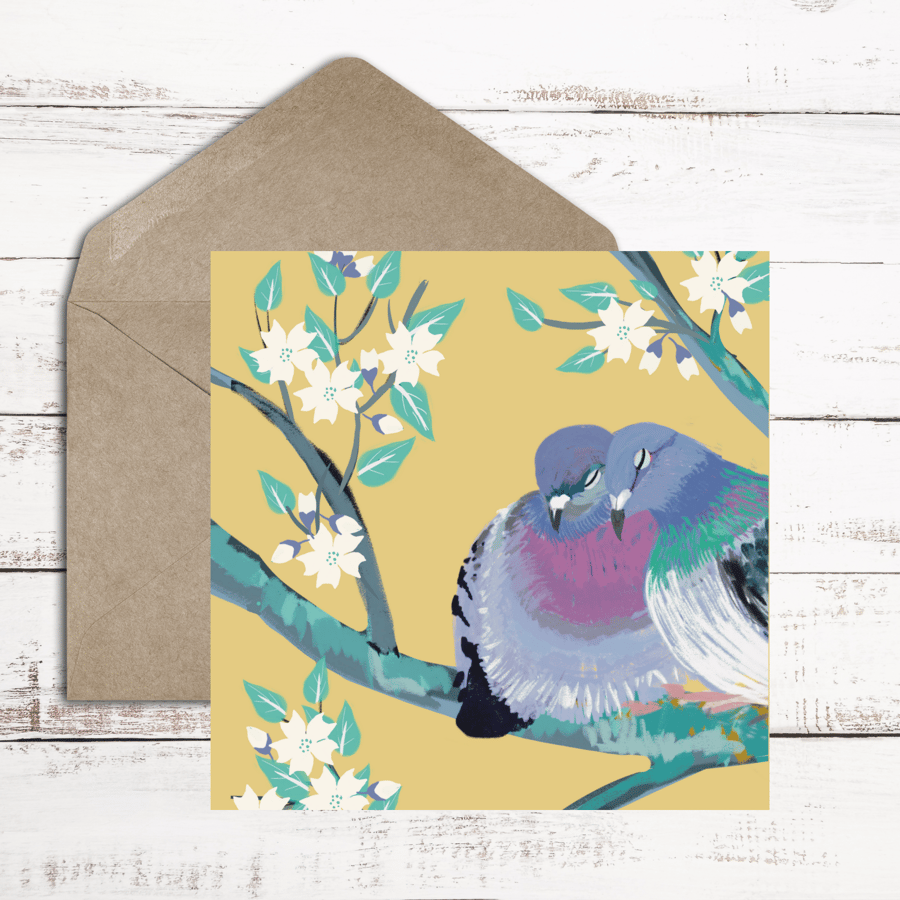 Blank card garden bird card pigeon and blossoms