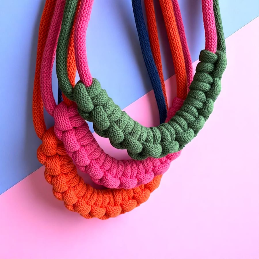 Bright and Bold Colourway Macrame Necklace with Chunky Hitch Knot Design