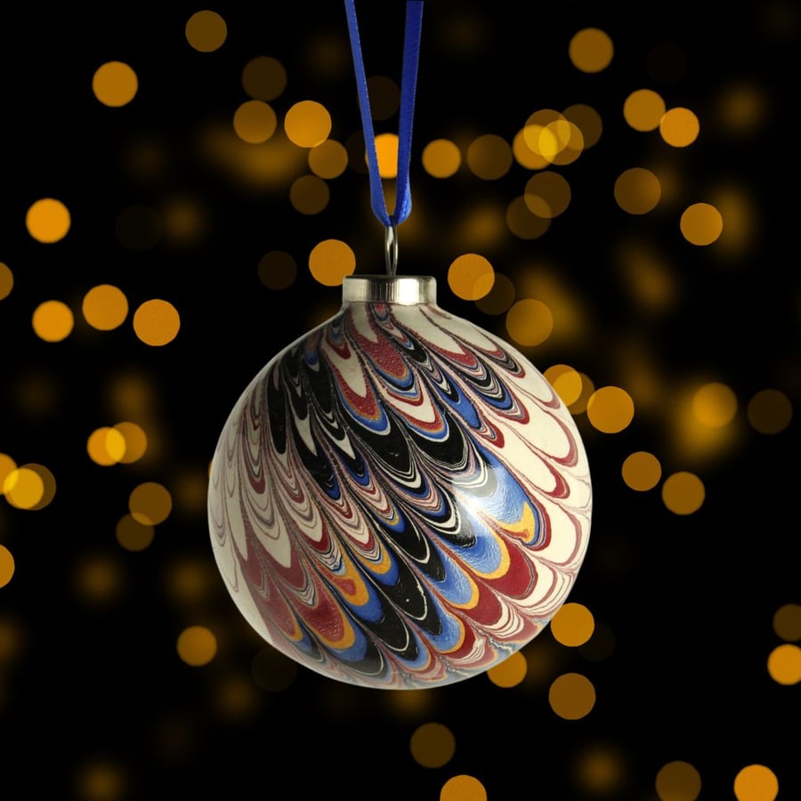 Christmas bauble ornament hand marbled round ceramic