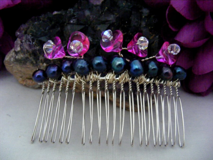 Navy and Fuchsia Hair Comb