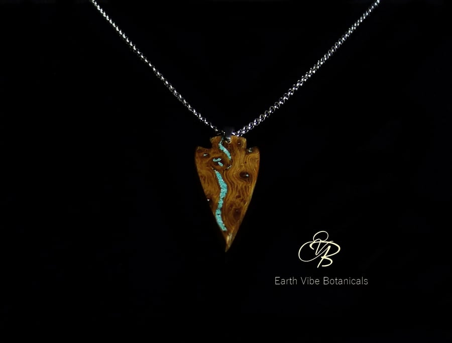Spear Head Wood Necklace Turquoise Stone Inlay Sterling Silver Chain Option
