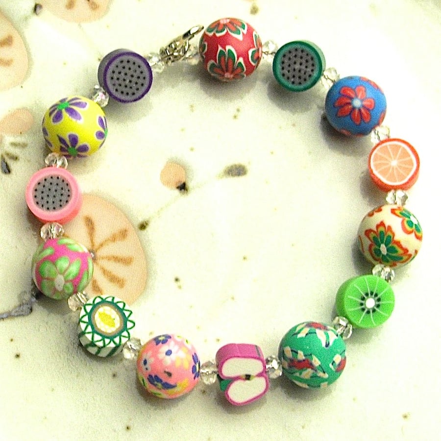 Bright Polymer Clay Flower and Fruit Bead Bracelet 