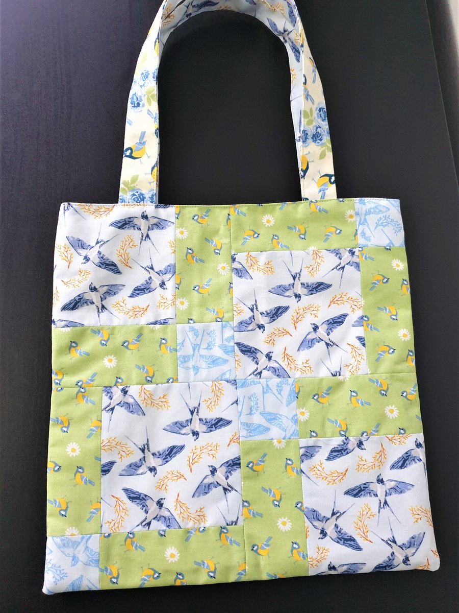 Patchwork tote bag with birds & floral design