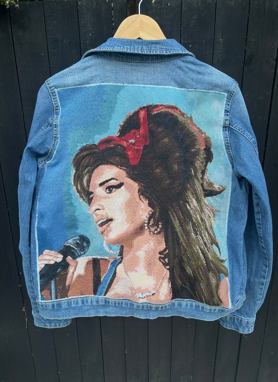 Amy Winehouse Denim jacket - Upcycled Reworked - Size 12-14