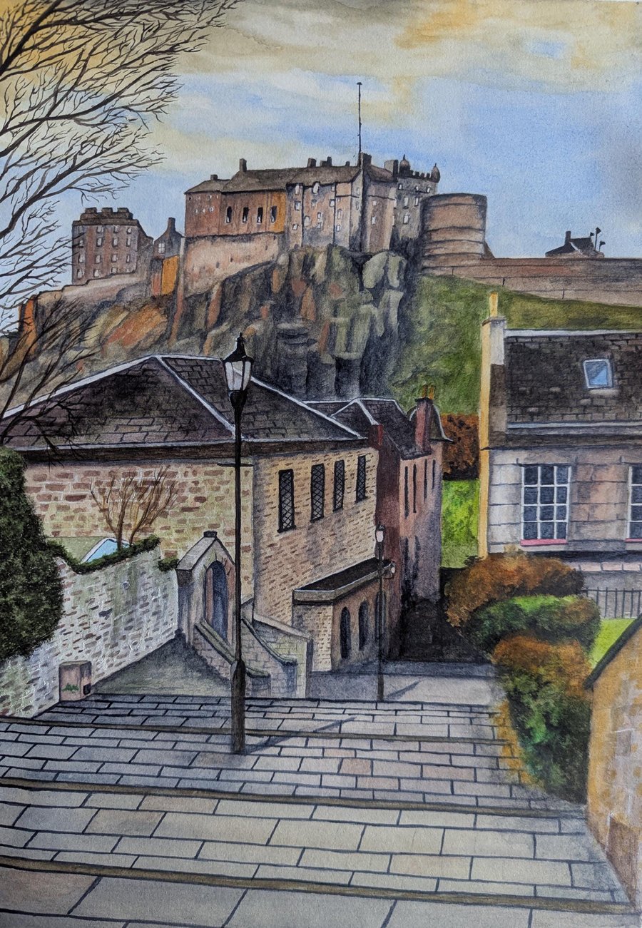 Edinburgh Castle from The Vennel. A4 watercolour print