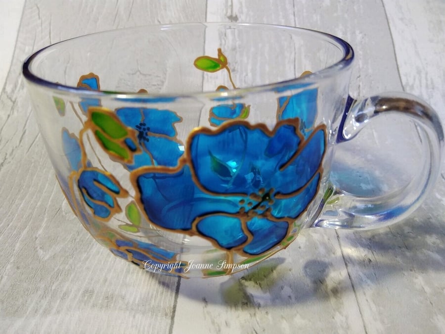 Himalayan blue poppy hand painted glass mug, cu... - Folksy