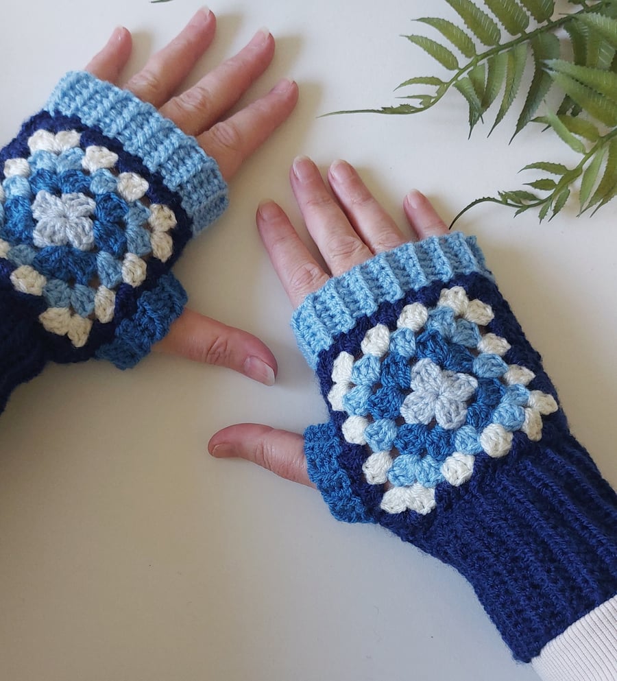 Crochet Granny Square Fingerless Mitts Wrist Warmers French Navy