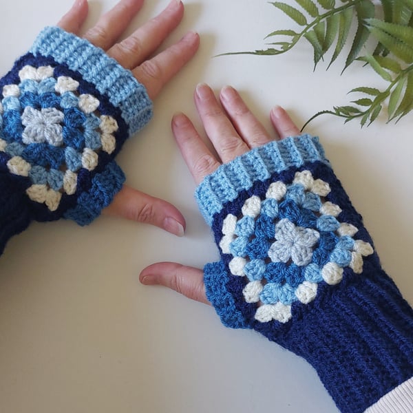 Crochet Granny Square Fingerless Mitts Wrist Warmers French Navy